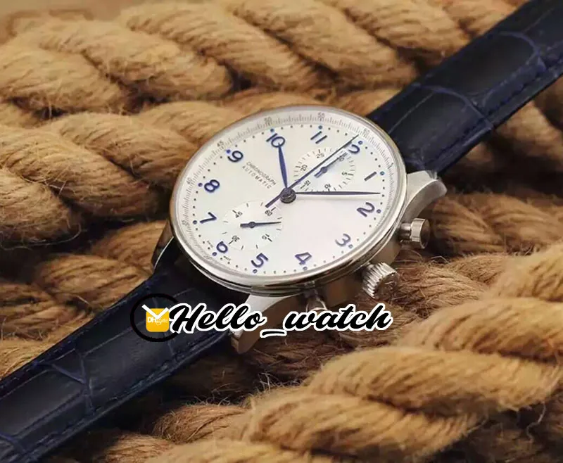 Billiga nya 40 9mm stålfodral Miyota Qaurtz Chronogrpah Mens Watch White Dial Blue Mark Blue Leather Strap Gents Watches Hello Watch217j