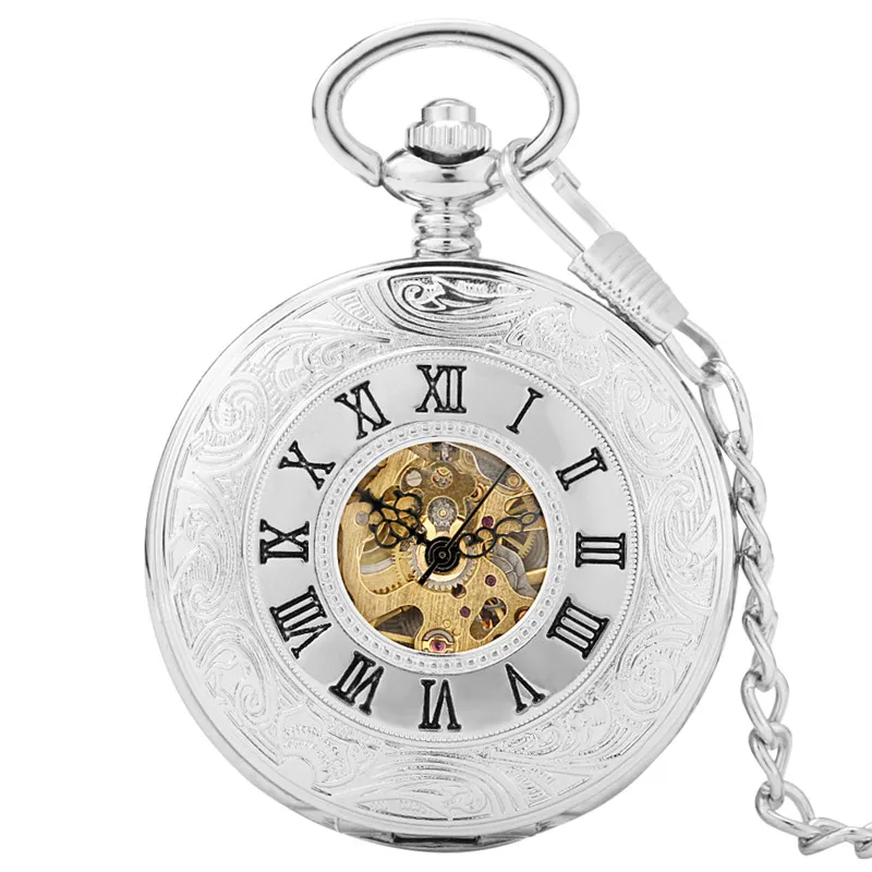 Reloj de bolsillo Retro Vintage plateado para hombre y mujer, Reloj mecánico de cuerda manual, esqueleto, colgante de doble cazador, cadena FOB, Reloj de bol260f