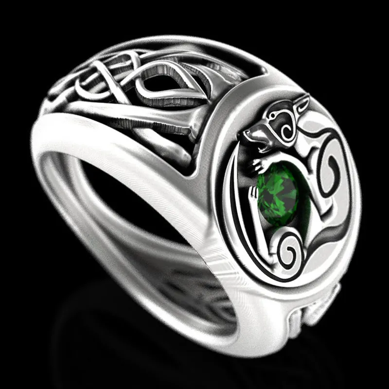 S925 Sterling Silver Celtic Knot Wolf Ring Fashion Vintage Viking Animal Jewelry Wedding Engagement Emerald Diamond Nordic Wolf PA238S
