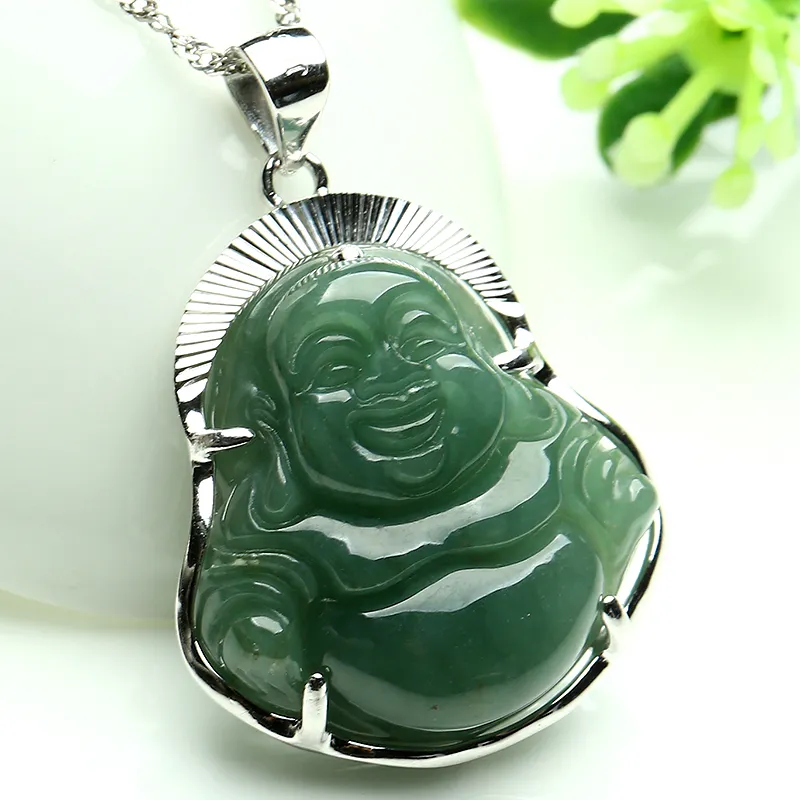 Pendentif bouddha en Jade incrusté d'argent pur 925, produit naturel, huile d'émeraude du Myanmar, colliers pour hommes et femmes, 341C