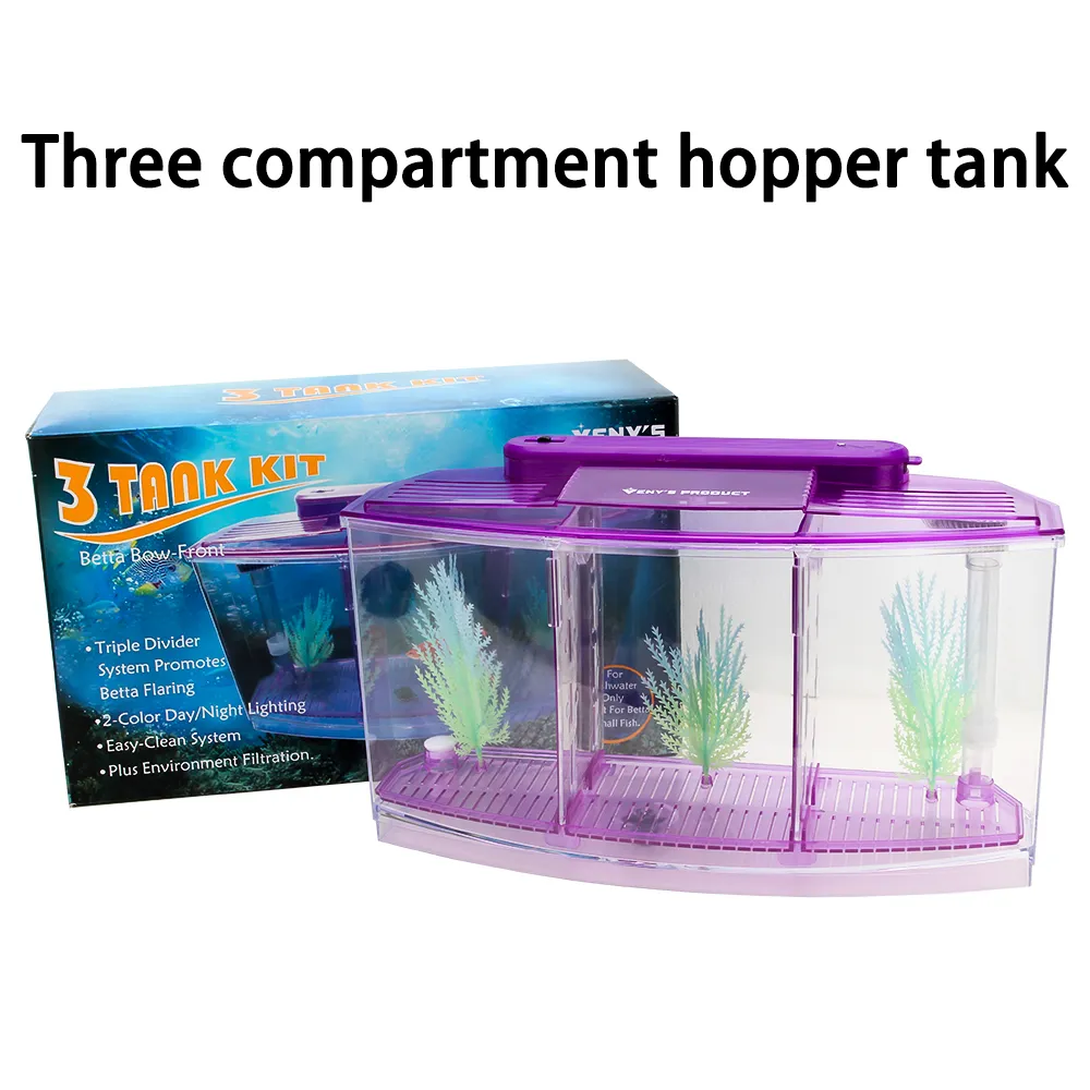 Senzeal Transparent Acrylique Fighting Fish Tank Triple Cube Aquarium Led Éclairage Dimmable Betta Race Séparée Frai Mini Box Y200922