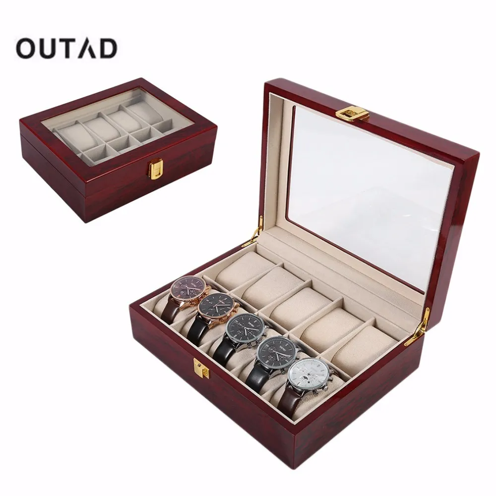 10 rutnät Retro Red trälur Displayfodral Hållbar förpackning Holder Jewelry Collection Lagring Watch Organizer Box CX2008219E