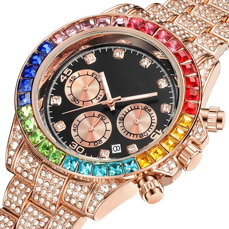 Créateur de luxe de mode superbe coloré plein strass diamant calendrier date quartz batterie montres pour hommes femmes multi functi255U