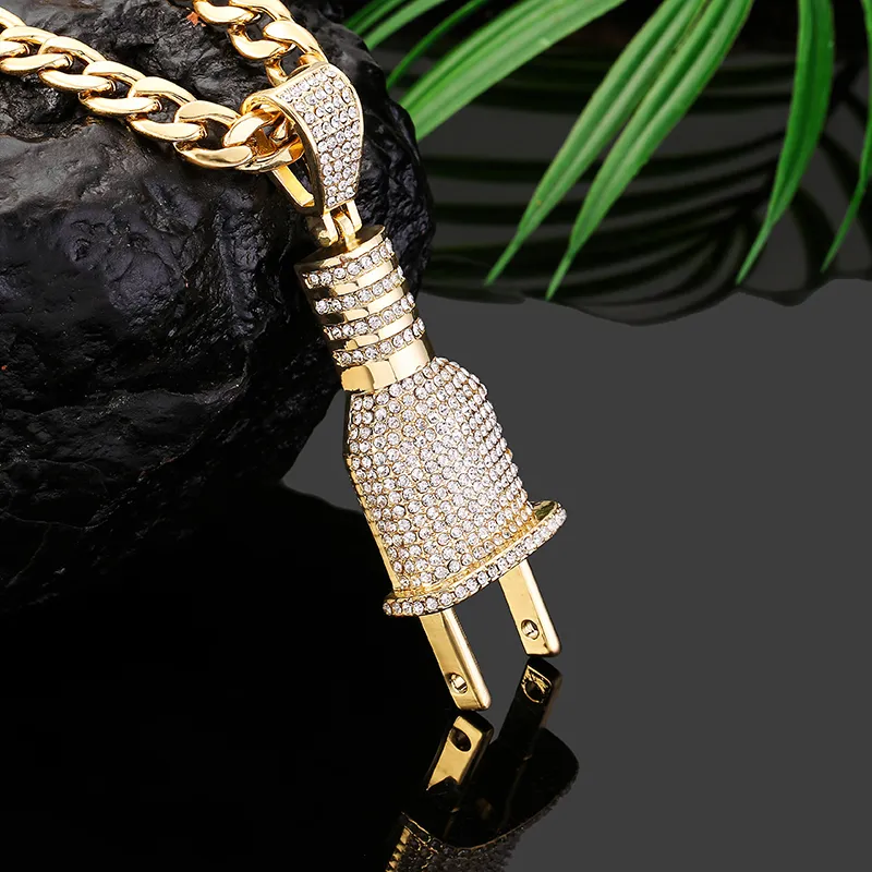 Mode Bling Bling Stekker Vorm Iced Out Hangers Kettingen Charme Kettingen Goud Zilver Kleur Mannen Vrouwen Hip Hop Jewelry254T