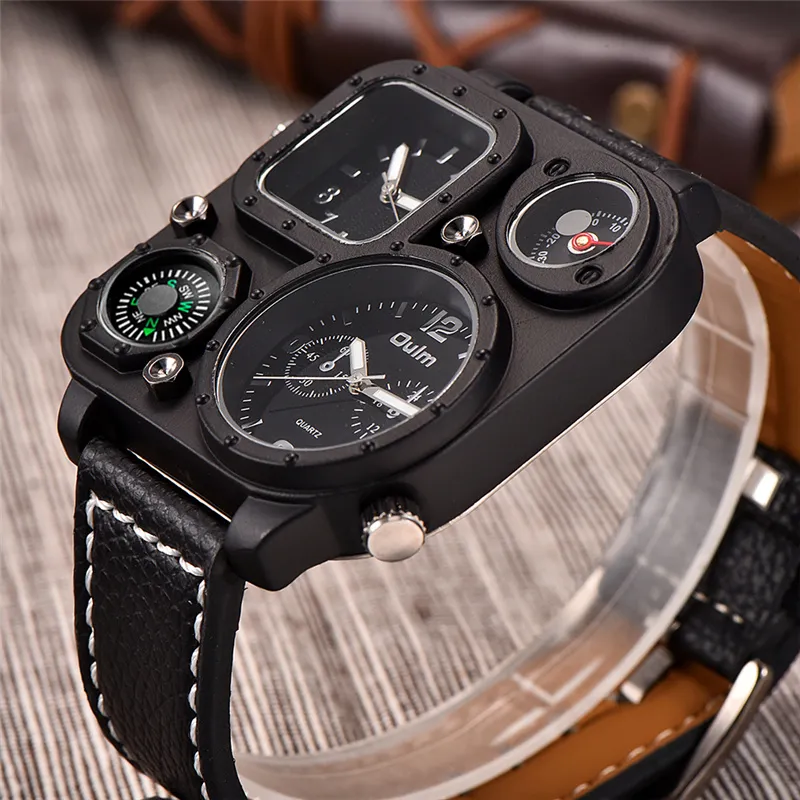 Oulm Nowe modne zegarki męskie Watche Dekoracyjne kompas i termometr kwarcowy Watch Dwie strefa czasowa Casual PU Na ręce