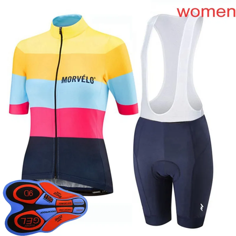 Sommer MORVELO Team Damen Radtrikot Set MTB Fahrrad Outfits Kurzarm Bike Tops Trägerhose Anzug Sportuniform Y21031822