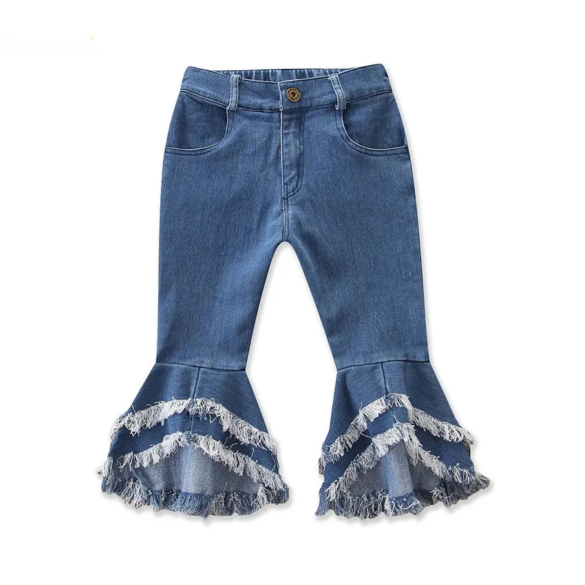 Bebek Kız Denim Dantel Püskül Trim Fırfır Çan Alt Tasarım Pantolon Sevimli Moda Çocuklar Vintage Fişekleri Çan Dökme Pantolon LJ200831