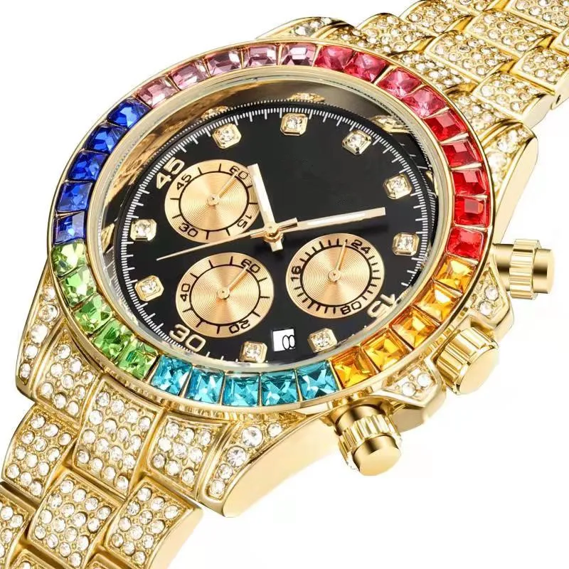 Designer de moda de luxo impressionante colorido cheio de strass diamante calendário data quartzo bateria relógios para homens mulheres multi functi234N