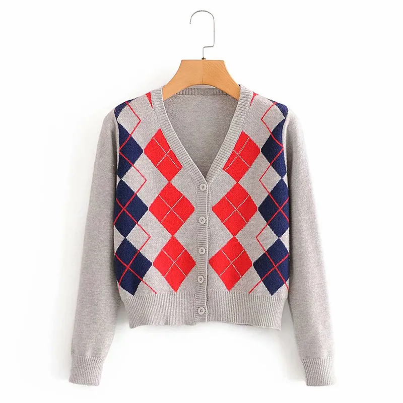 maglione cardigan rombico geometrico elegante vintage moda donna autunno caldo capispalla manica lunga chic top stile inghilterra