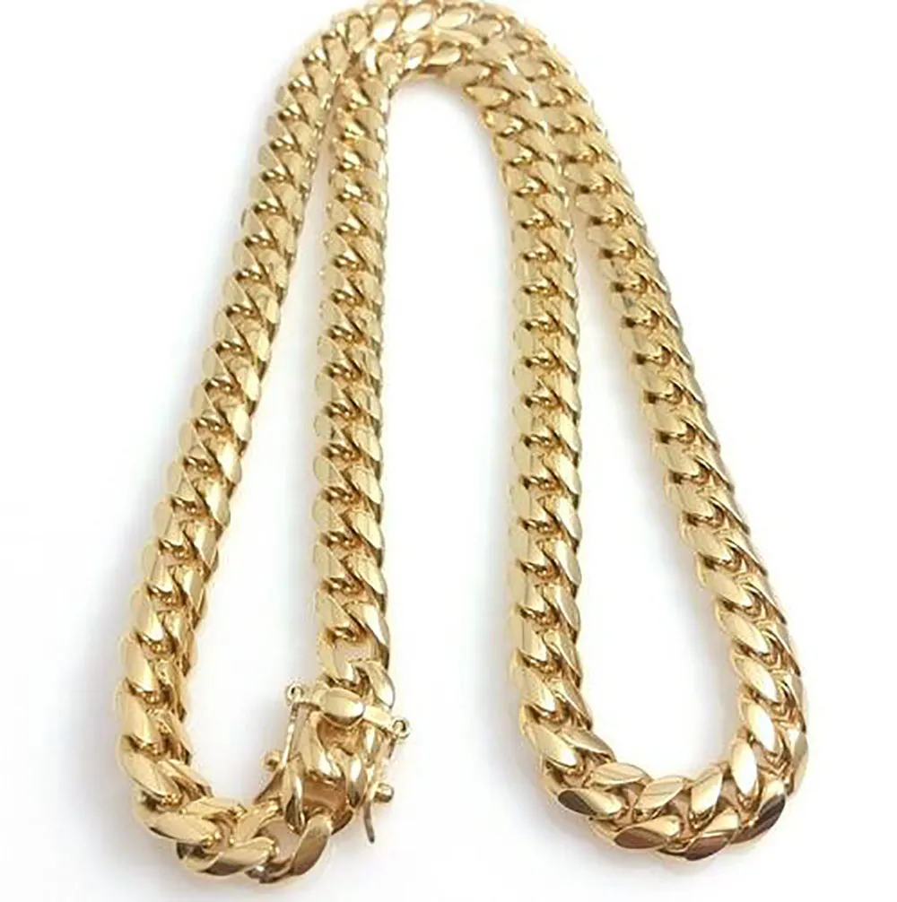 Acier de coloration à l'or 18 carats 10 mm 12 mm 14 mm polir miami cubain Collier homme punk courb chain à double arclage de sécurité 18inch-30266m