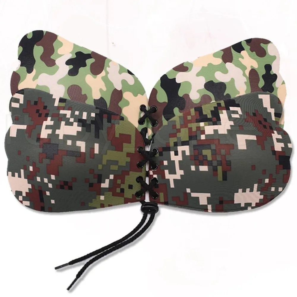 DHL Women Camouflage Color Fly Wings Shape Silicone Invisible Push Up Self-adhesive Front Closure Sticky Breast Nipple Invisible Bra Tool