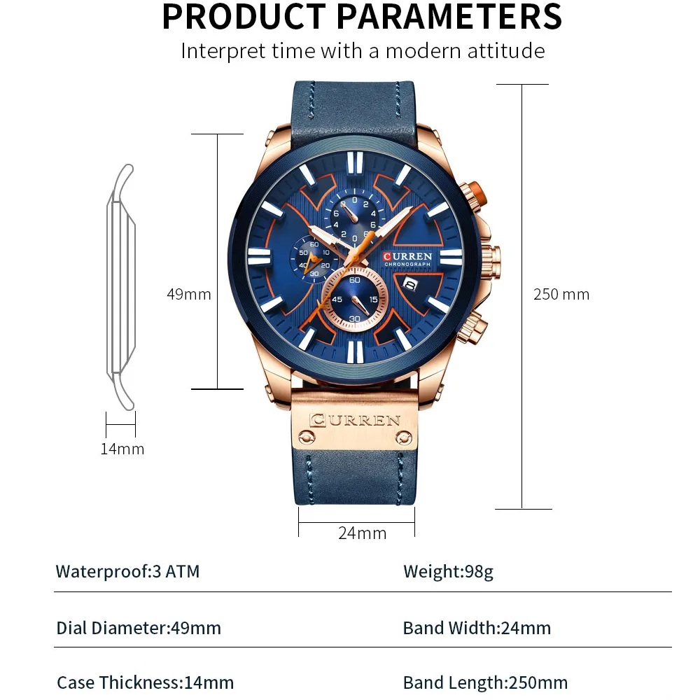 Curren Watch Chronograph Sport Mens Watches Top Brand Luxe waterdicht lederen kwartsklokklok Men PolsWatch Relogio Masculino T200324Q