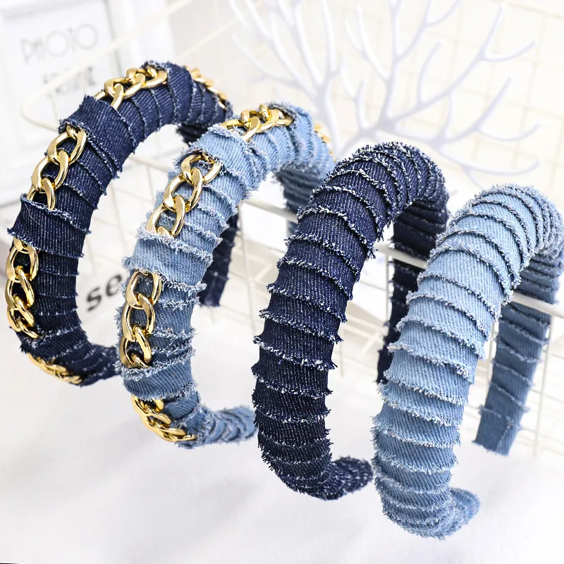 Fashion Solid Blue Denim Gepolstertes Stirnband für Frauen Neuer Stil Metallkette Haarbänder Mädchen Breiter Haarreifen Haarschmuck Statement-Schmuck