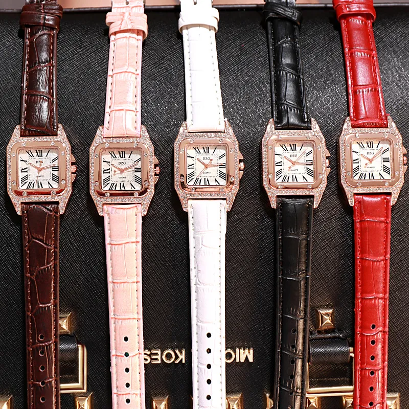Dameshorloge voor vrouwen lederen band quartz horloge vrouwelijk dameshorloge mode luxe diamant vierkante klok zegarek damski262D