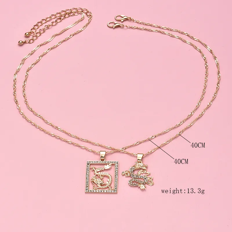 ALYXUY set Fashion Dragon Crystal Pendant Necklace Gold Color Elegant Personality Jewelry Lucky Symbol Women Girls Gift264v