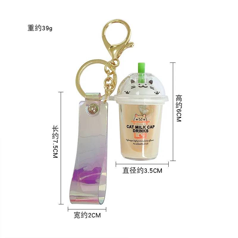 Keychains Cartoon Cute Cat Car Keychain Creative Milk Tea Cup Liquid Crystal Quicksand Sequin Key Ring Bag Pendant 20206226210