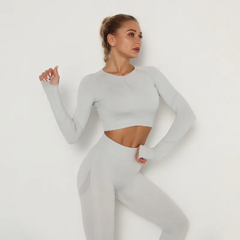 Nessaj Kobiety Bez Szwu Fitness Sporty Dwuczęściowy Zestaw 2020 Z Długim Rękawem Top Top High Waist Running Legginsy Trening Slim Siłownia Outfit T200810