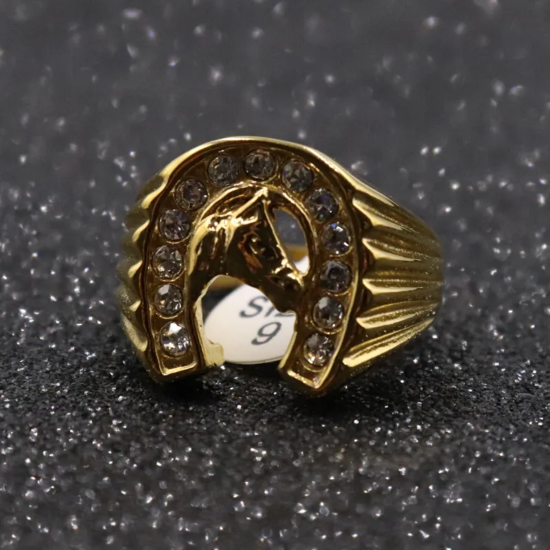 Cool design guldkristall lycklig hästsko ring rostfritt stål racing smycken guld hästhuvud ring band finger320v