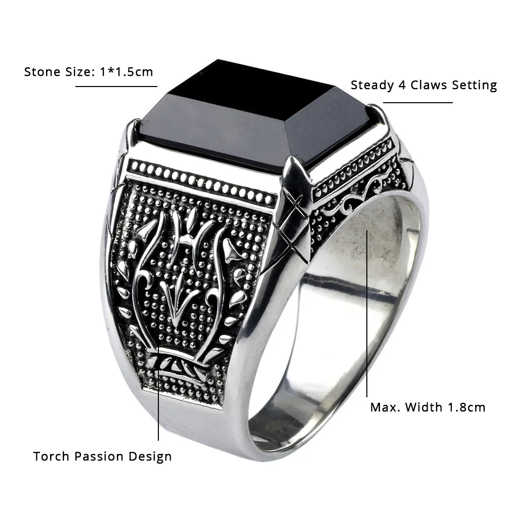 Real Pure 925 Sterling Silver Mens Rings With Black Onyx Natural Stone Rings Retro Flower Engraved Punk Rock Vintage Jewelry 210312