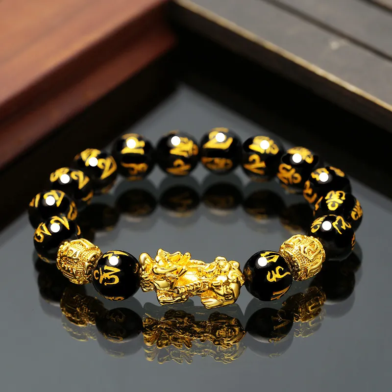 Feng shui obsidian sten pärlor armband män kvinnor unisex armband guld svart pixiu rikedom och lycka kvinnor smycken armband9309096