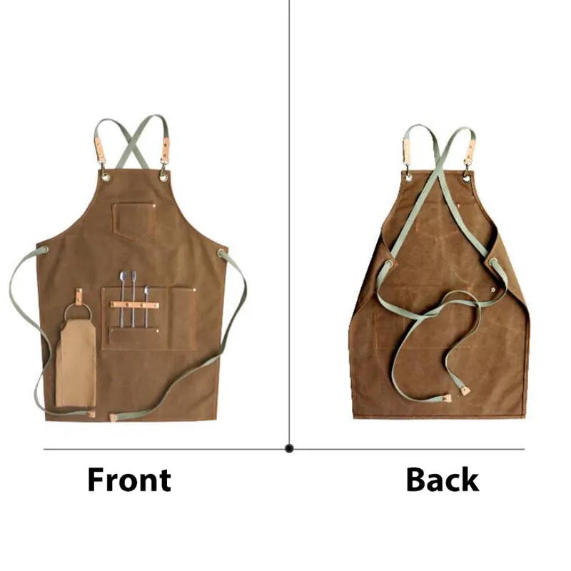 Barbq Canvas Apron Bib de cuero Chef Kitchen for Women Men Barista Bartender Pockets Home Barber Cook Coffee Restaurant LJ2008154694765