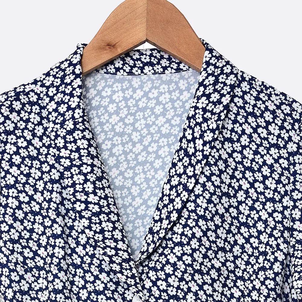 2020 Vår Sommar Kortärmad Notched-Lapel Blå Blommor Skriv ut Kort Mini Klänning Kvinnor Mode Klänningar W1815150