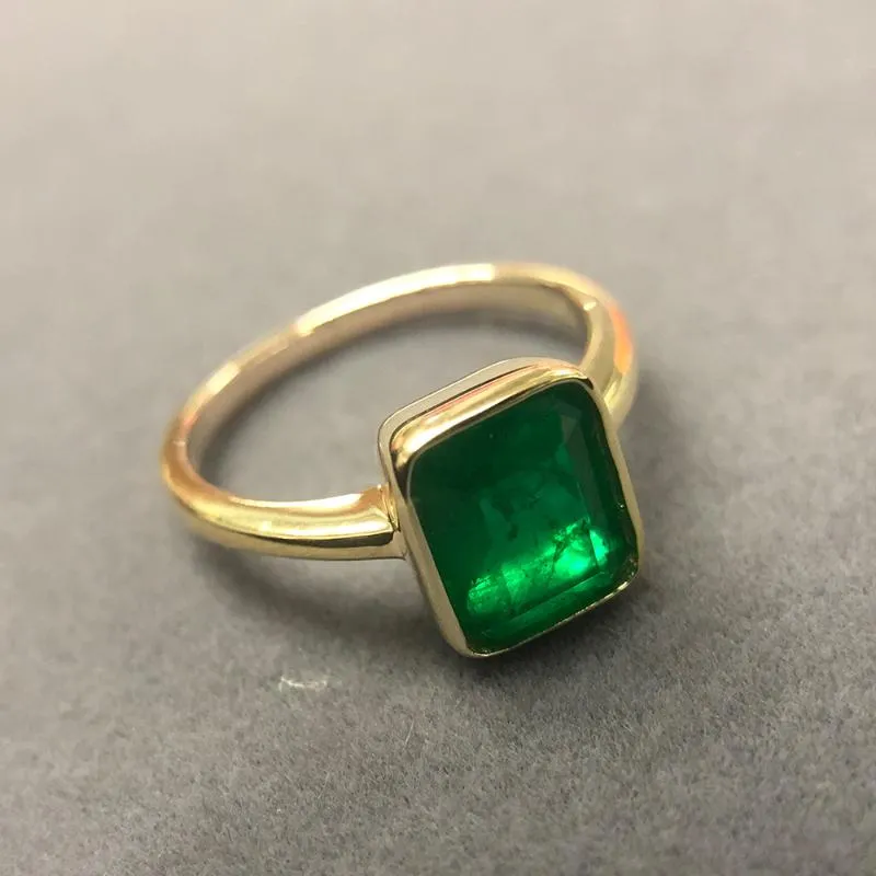 Cluster Rings Real Silver 925 Retro Square Green Stone Ring 18K Gold Color Cubic Zircon Emerald For Women Anniversary Party Gift256f