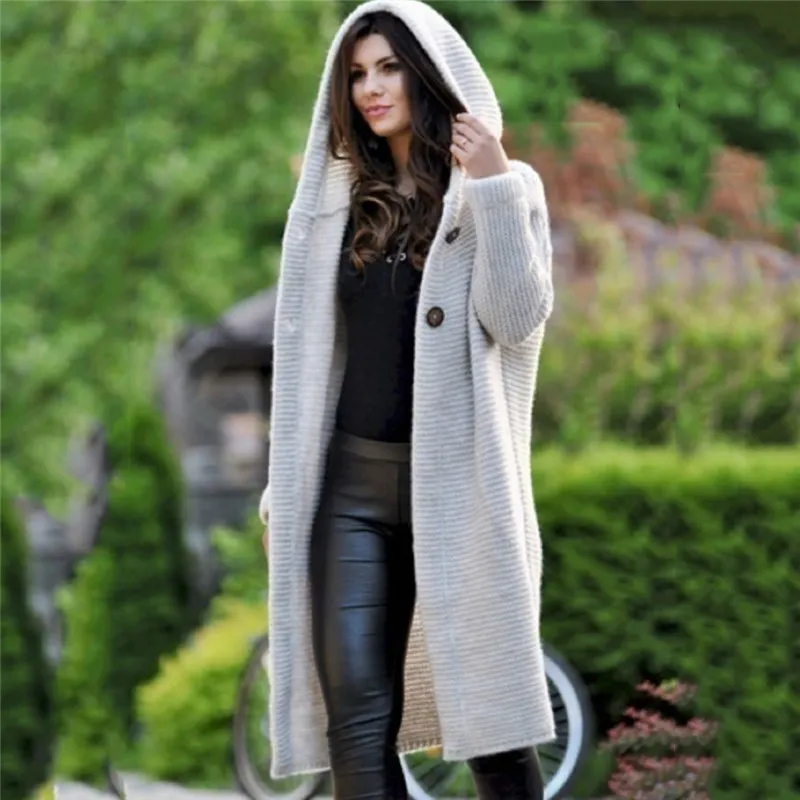 Kvinnors tröjor Vinter 2020 Modig Casual Loose Sweater Kvinna Höst Cardigans Singel Breasted Puff Hooded Coat Plus Size CX200810