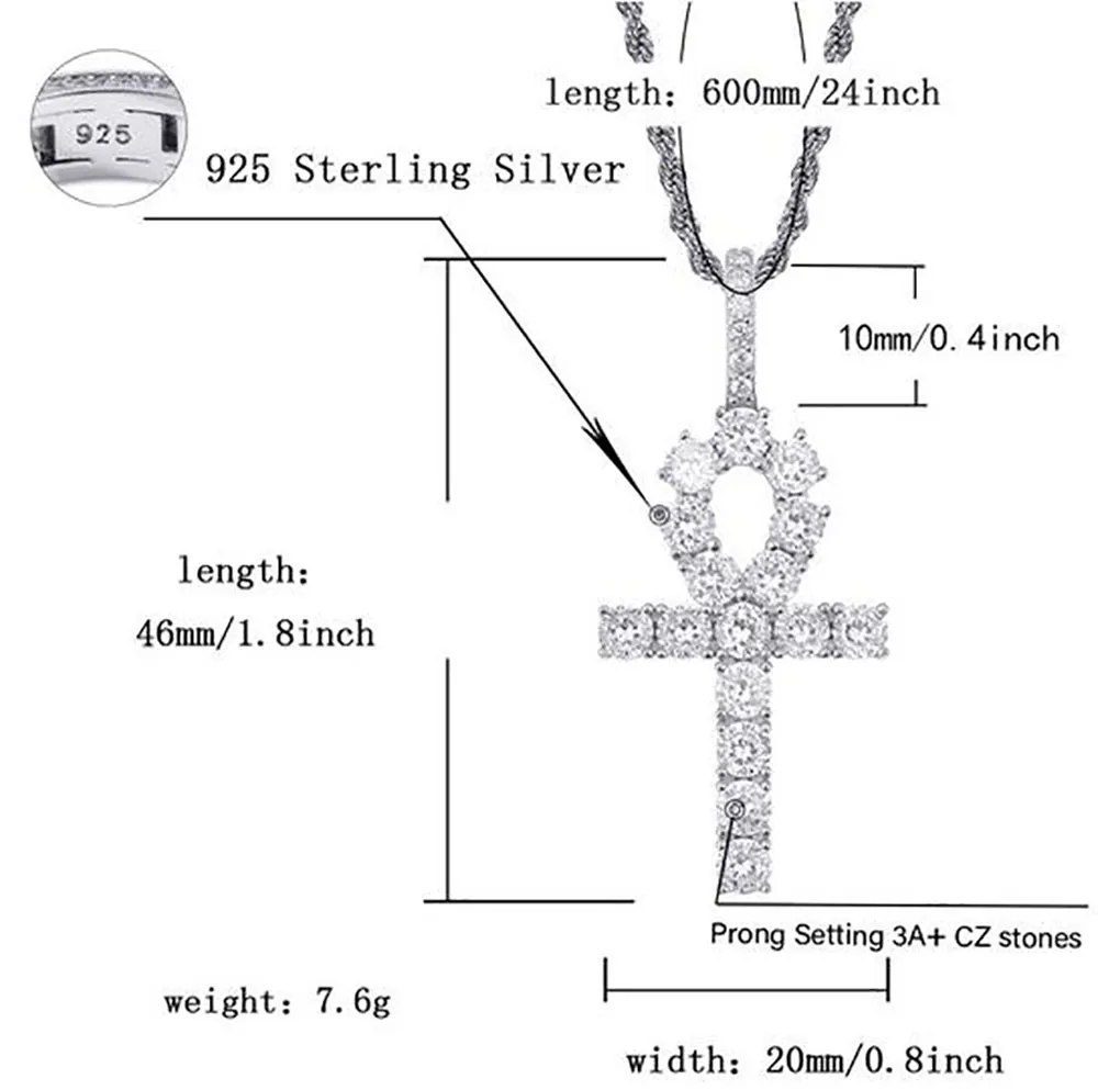 925 Sterling Silver Bling Out Ankh Cross Pendant 24 Rope Chain 7 6G Cubic Zirconia Hiphop sieraden voor mannen dames256o