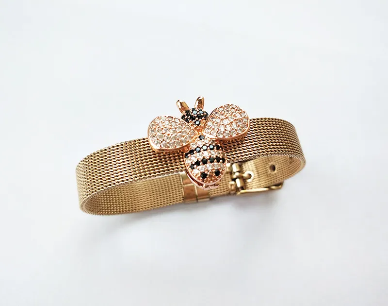 4 PZ New Fashion Bee Ispirato Gioielli braccialetto Bumble Bee Bead cinturino orologio CZ Micro Pavimenta insetto Fascino Braccialetto di Perline BG240289R