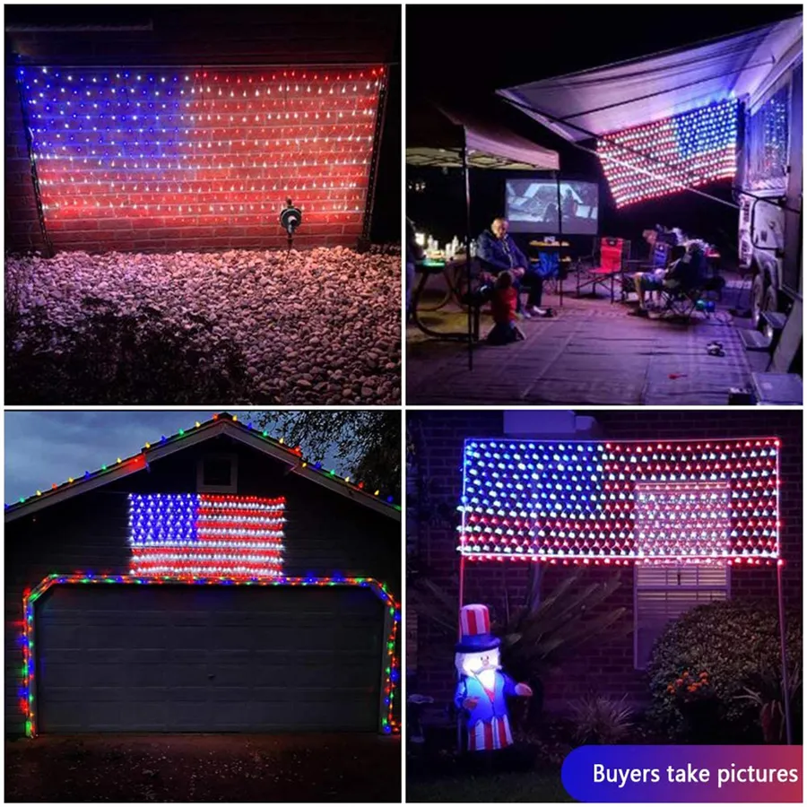 Luci a stringa LED bandiera americana 30V Ornamenti appesi Decorazione del giardino Luci nette Luci natalizie esterni impermeabili 216k