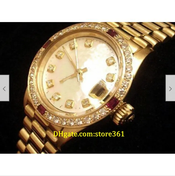 20 stijl vrijetijdskleding mechanisch automatisch 26 mm dames 18K geel goud president horloge wit MOP diamant Rubies276q