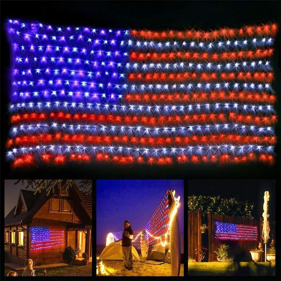 Luci a stringa LED bandiera americana 30V Ornamenti appesi Decorazione del giardino Luci nette Luci natalizie esterni impermeabili 216k