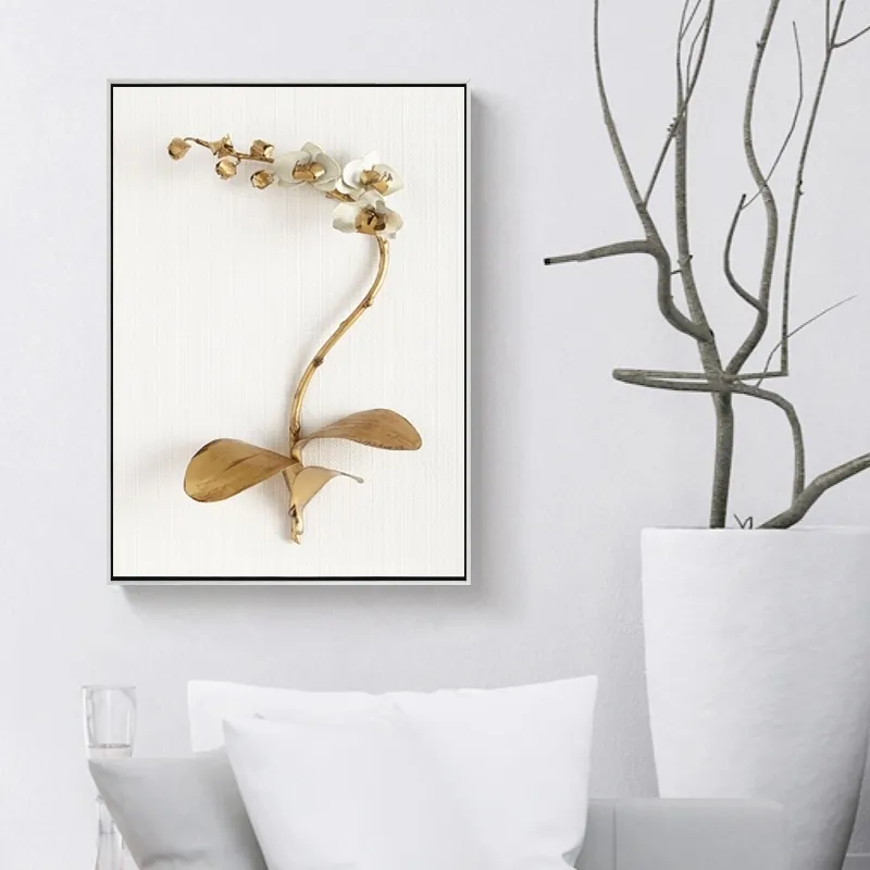 北欧の金色の植物の葉と花の壁アートの写真キャンバス絵画クアドロスポスターとリビングルーム装飾のためのプリント9134823