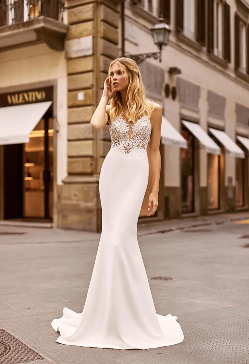 Satin Wedding Dress Mermaid V Neck Lace Applique Backless Elegant Bridal Gowns Boho Wedding Dress vestidos de novia 2020