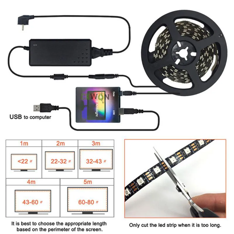 Kit de bande TV USB couleur de rêve 1M 2M 3M 4M 5M RGB WS2812B bandes LED pour TV PC écran rétro-éclairage éclairage 268Q