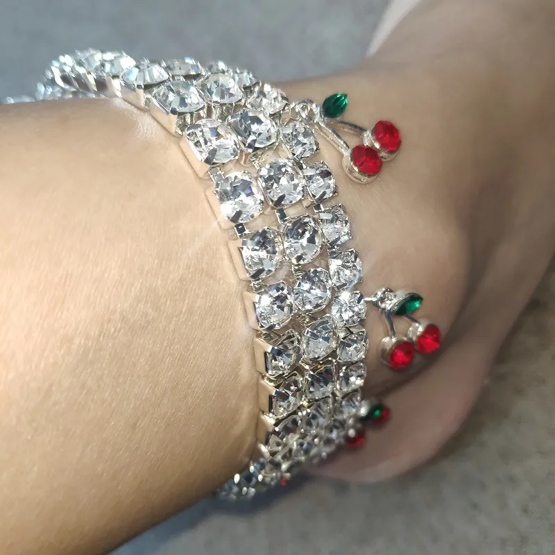 Rhinestone Cherry Ankle Bracelet Tennis Chain Crystal Anklets for Women Beach Leg Foot Bracelets Boho Jewelry T2009013163967