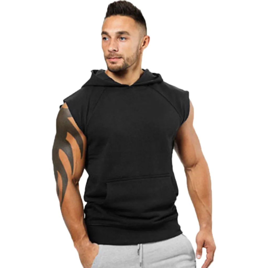 Fashionable Men's Hooded Vest Jackets Summer Bodybuilding Gyms Lightweight Sleeveless Contrast Hoodie Tank Tops Male Clothing MX200815