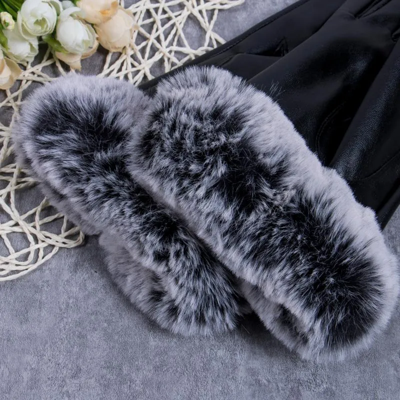 Winter Damen Touchscreen Elegante weiche schwarze Lederhandschuhe Warme Pelzhandschuhe311N