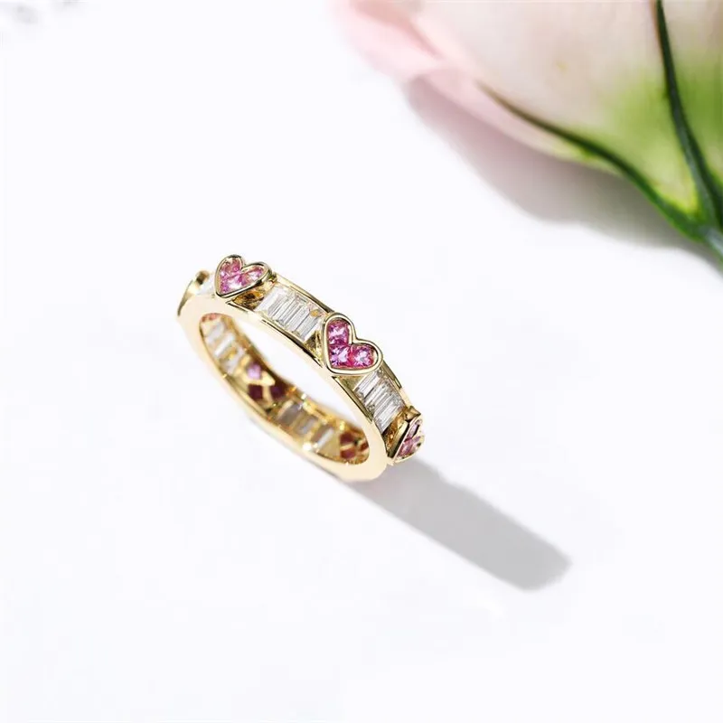 Classical Fine Jewelry 925 Sterling Silver&Gold Fill Pink Sapphire CZ Diamond Gemstones Heart Shape Women Wedding Band Ri237v