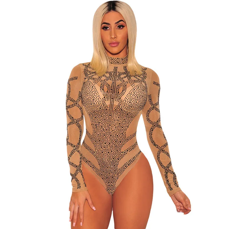 Sexy Gold Diamond Sheer Mesh Bodysuit Women Long Sleeve Turtleneck Autumn Outwear Body Tops Tee Party Club Jumpsuit Rompers T200812