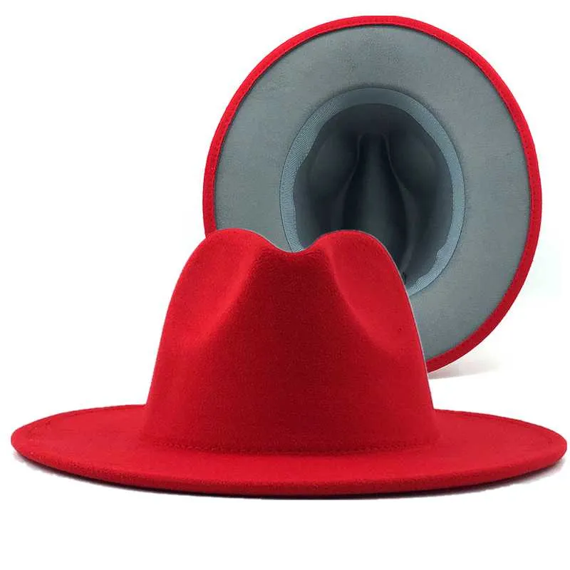 Simple Navy with Red Bottom Patchwork Panama Wool Felt Jazz Fedora Hats Women Men Wide Brim Party Cowboy Trilby Gambler Hat217q