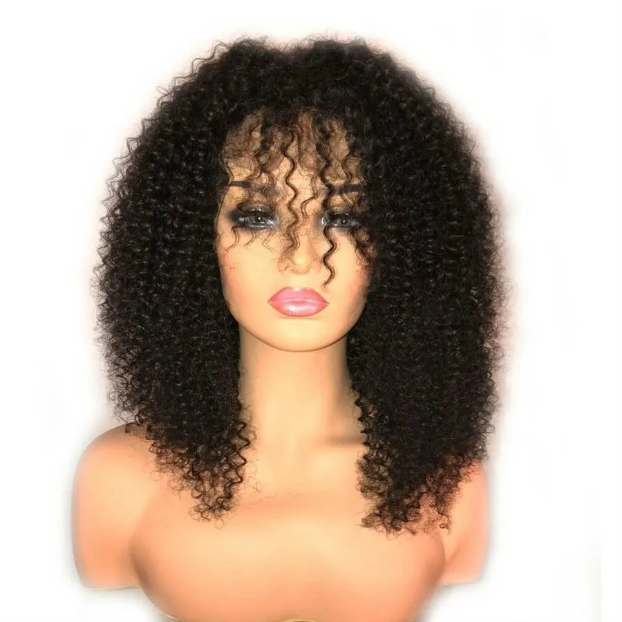 Афро-кудрявый вьющийся парик из натуральных волос с челкой, плотность 150, монгольские человеческие волосы Remy, полностью кружевные передние парики, 13x6, глубокая часть, черный1719675
