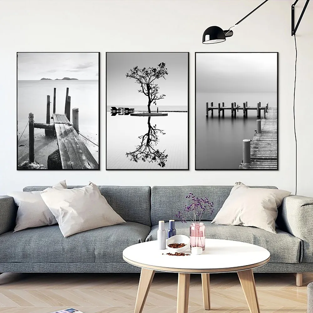 Siyah Beyaz Minimalist Peyzaj Sanat Resim Tuval Baskılar Köprü Tekne Posterler Oturma Odası için Duvar Modern Ev Dekor6463766