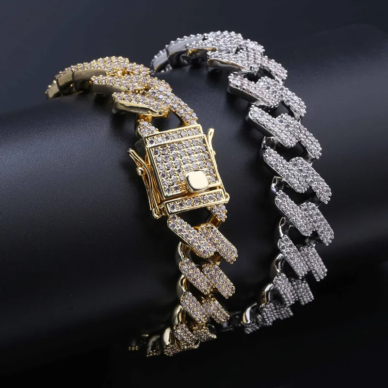 14mm 7 8NCH RACHAND DIAMONDS Cuban Link Chain Armband Gold Silver Iced Out Cubic Zirconia Hiphop Men smycken2465
