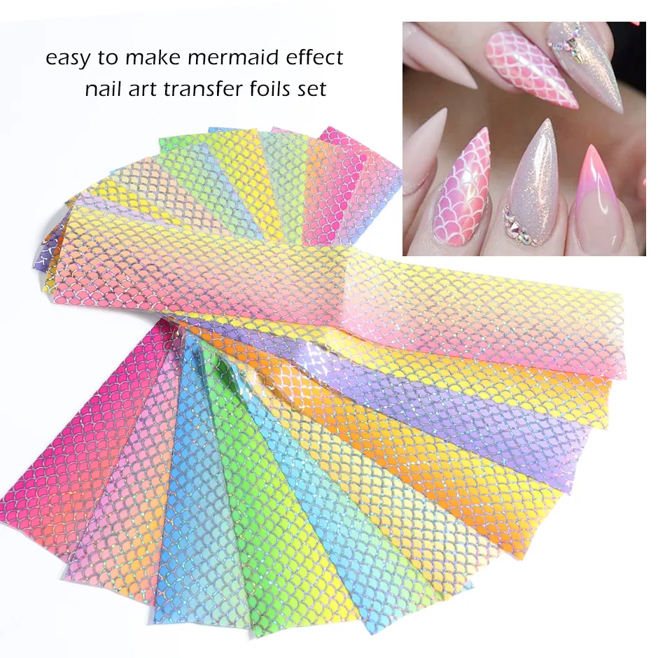 Paquete de 10 pegatinas de papel de aluminio para uñas, juego de escamas de pez sirena, adhesivo holográfico para decoración de uñas, deslizadores dorados, decoración de manicura CH9116188752