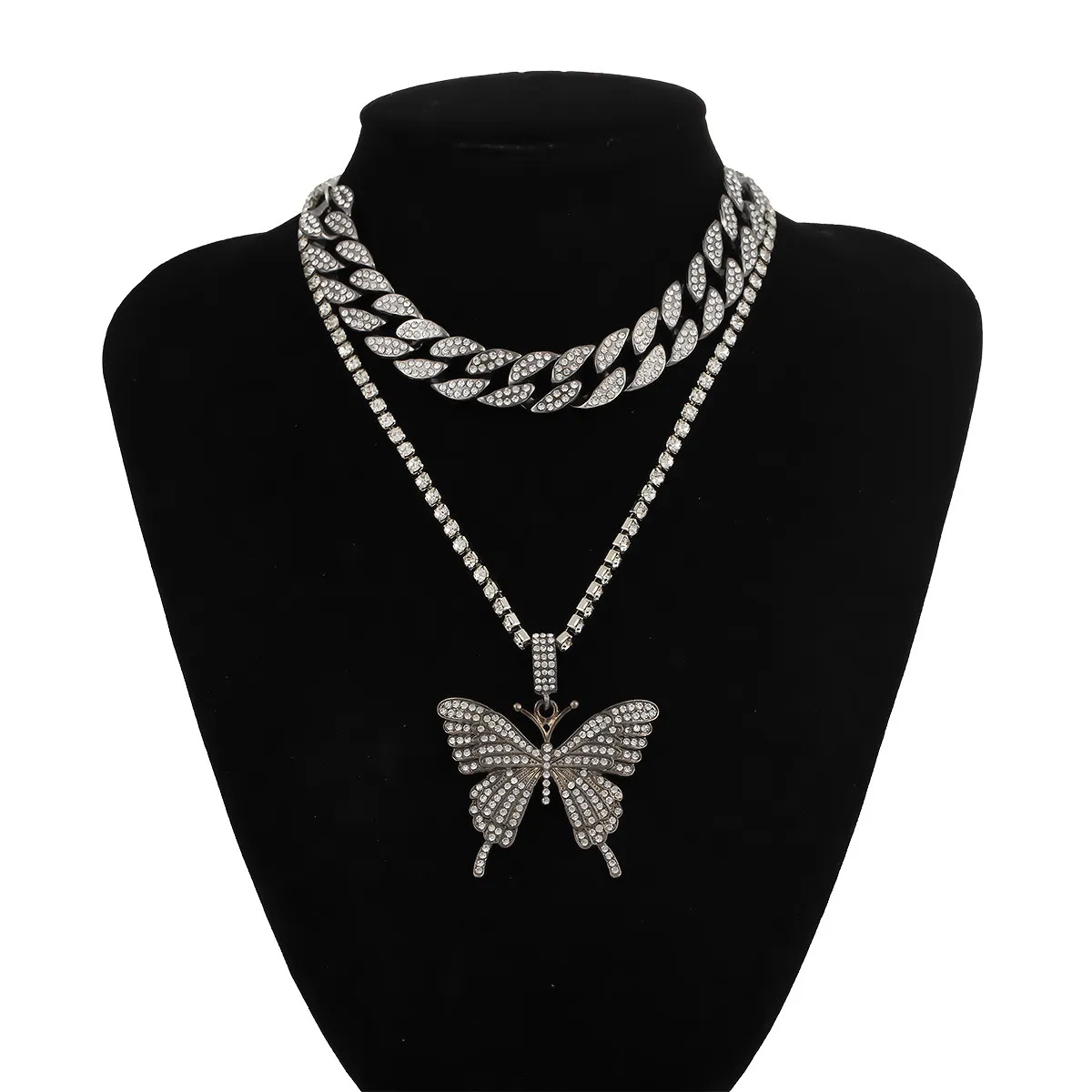 Hip Hop Große coole Mode Schmetterling Tenniskette mit Anhänger Halskette Set Famale Kubanische Verbindung Frauen Chokers 2020 Körper Schmuck