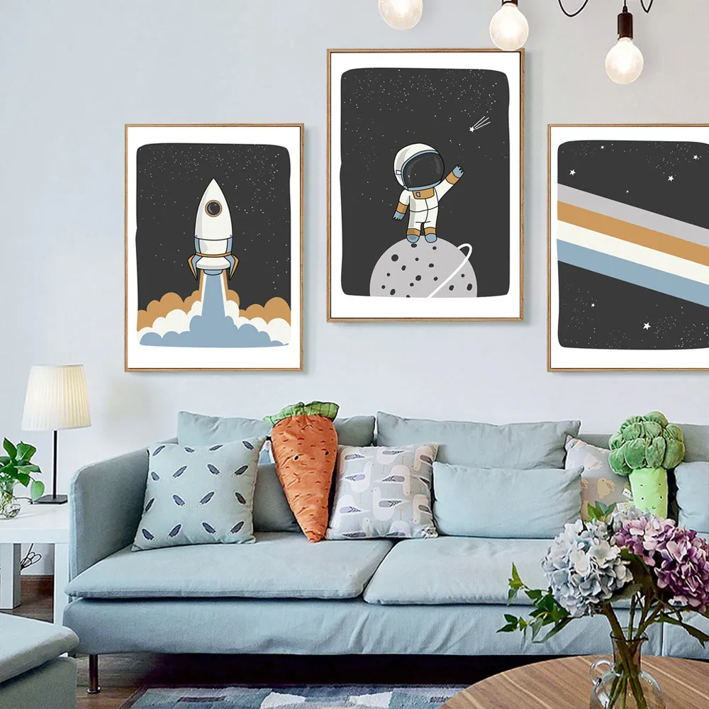 Affiche d'astronaute de l'espace, impression d'art mural pour chambre de bébé, planète fusée, peintures murales, soleil, lune, image murale nordique, décoration de chambre d'enfant pour garçon 5352205