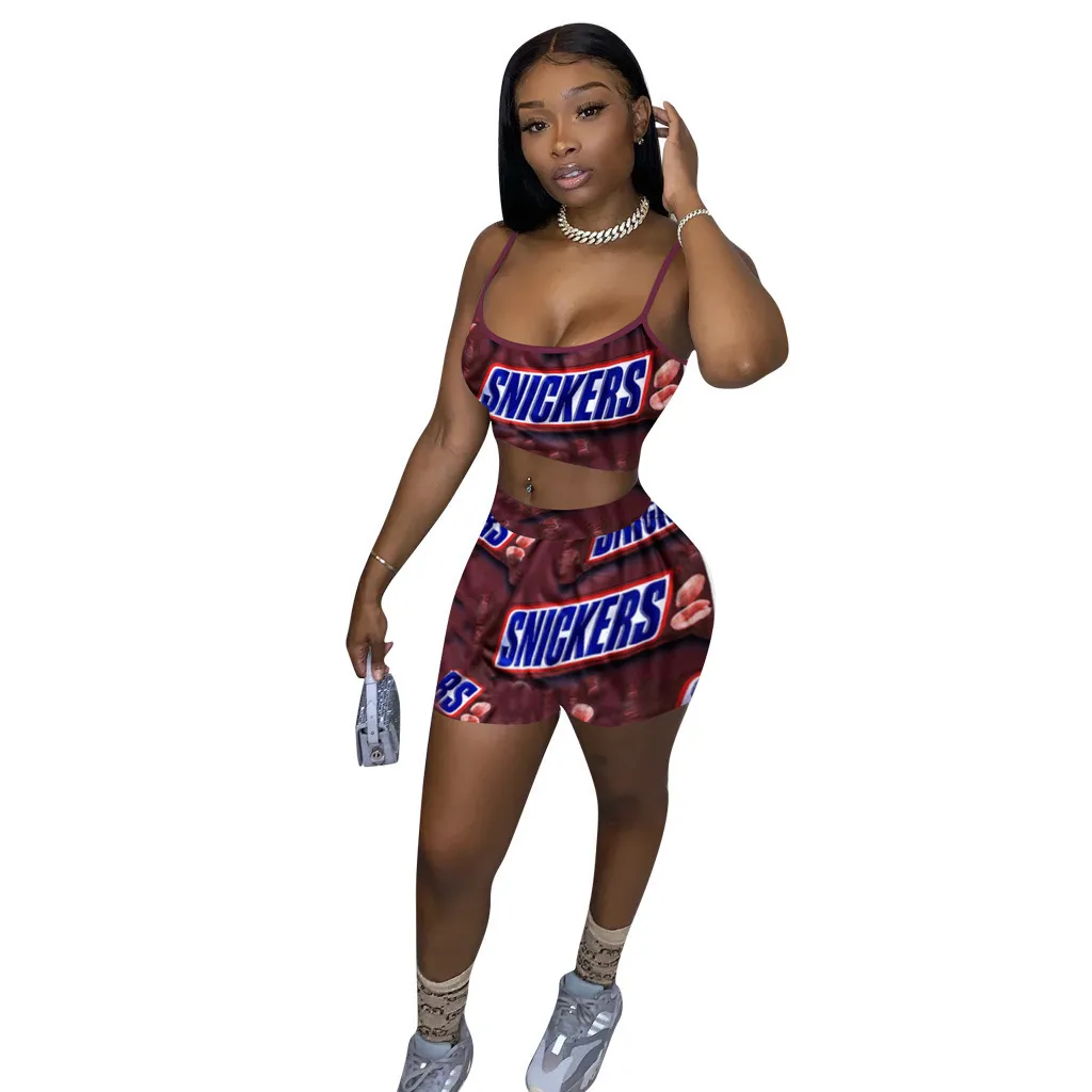 Women Tracksuits Shorts Pants Two Pieces Set Large Size Spoof Letter Printing Suspender Top Sports Suit Ladies New Fashion Outfits