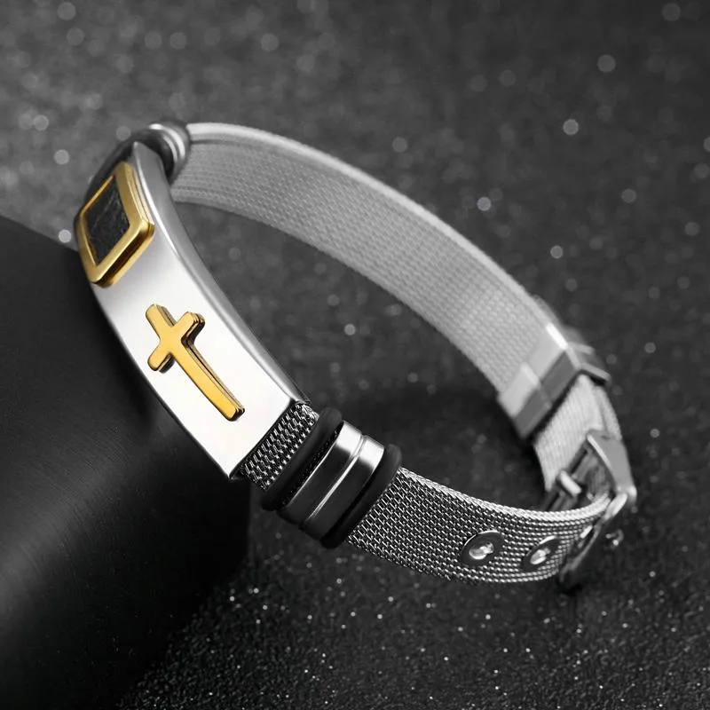 Fate love clássico cruz pulseira masculina joias de aço inoxidável comprimento de malha ajustável cor dourada pulseiras de joias masculinas 260f